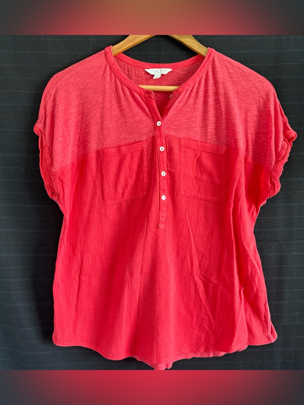 Lucky Brand T-Shirt Women's Pink Coral Roll Edge Cap Sleeve 1/2 Button Pockets S